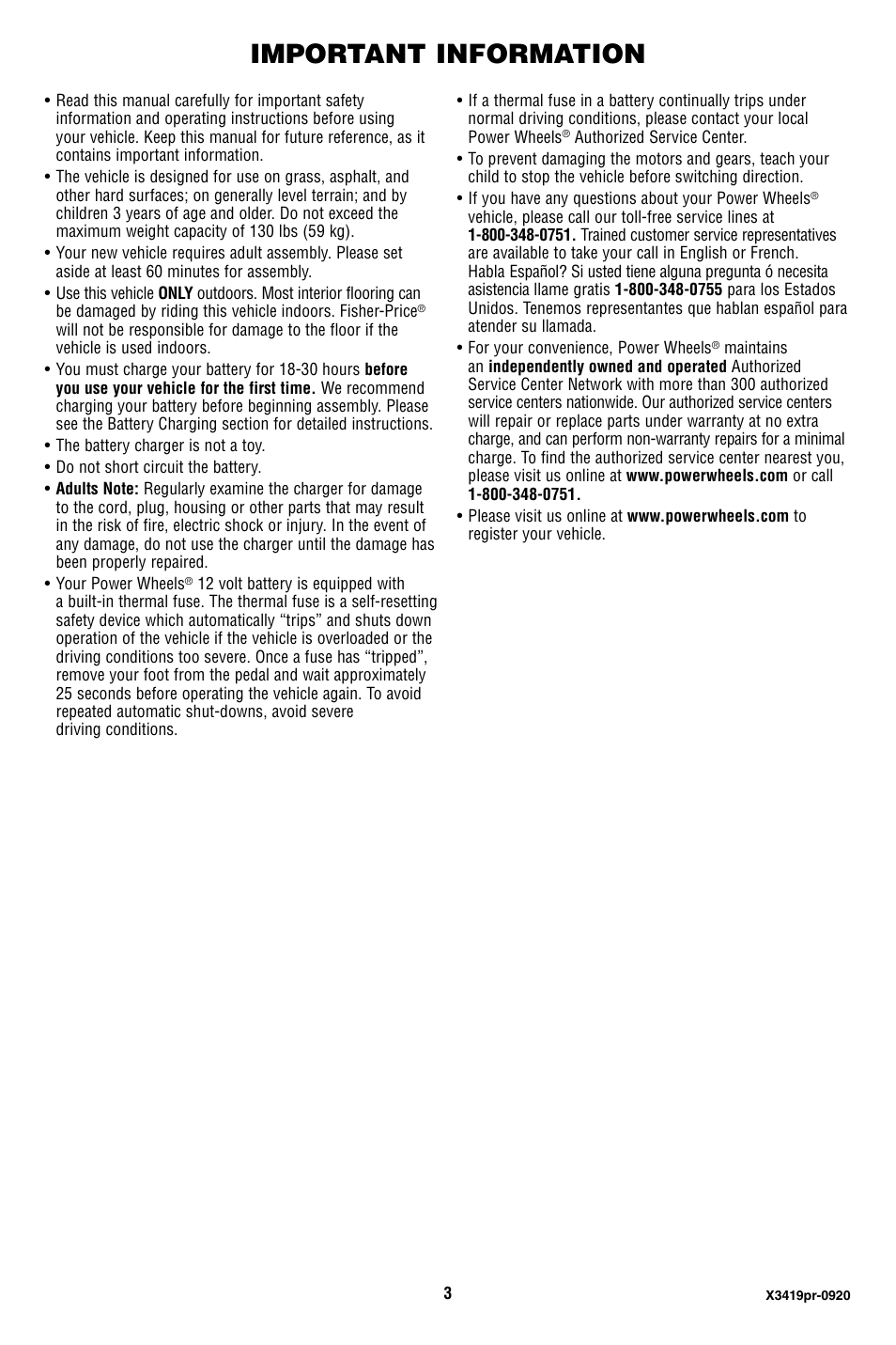 Important information | Fisher-Price X3419 User Manual | Page 3 / 28