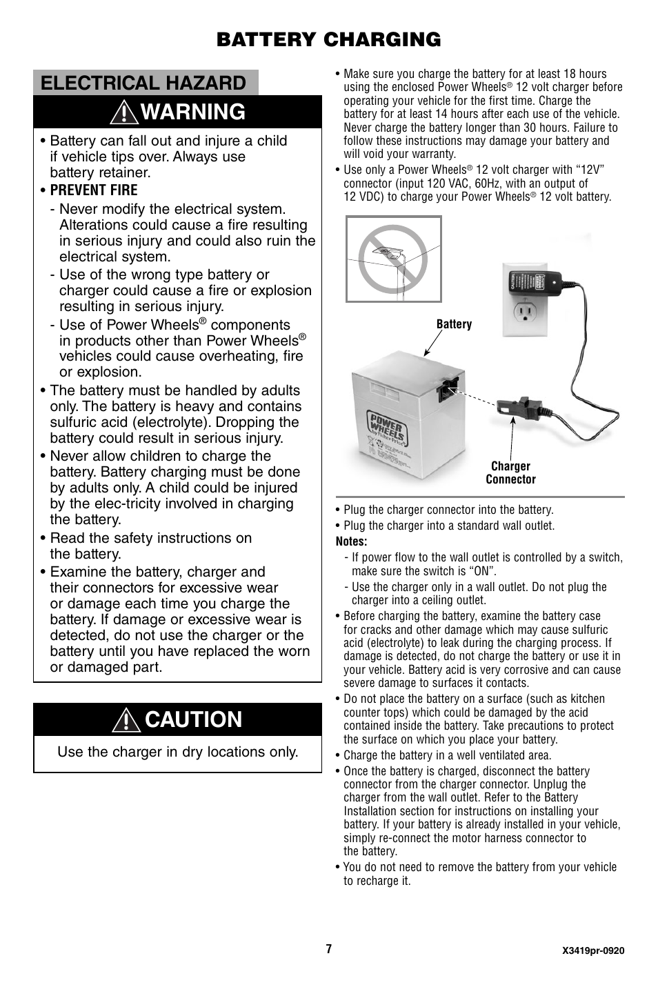 Warning caution, Battery charging, Electrical hazard | Fisher-Price X3419 User Manual | Page 7 / 28