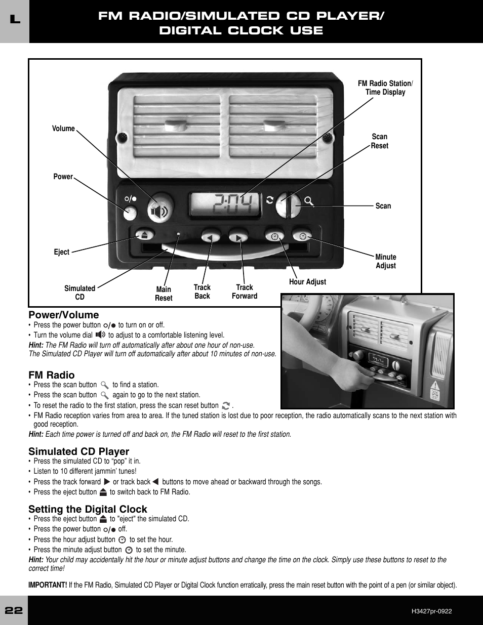 Fm radio/simulated cd player/ digital clock use, Power/volume, Fm radio | Simulated cd player, Setting the digital clock | Fisher-Price H3427 User Manual | Page 22 / 28