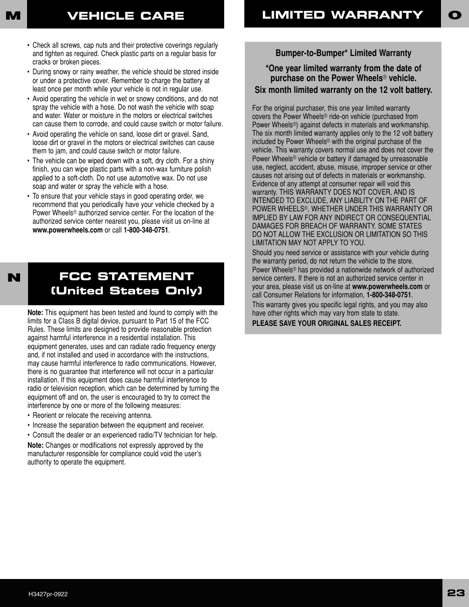 Vehicle care | Fisher-Price H3427 User Manual | Page 23 / 28