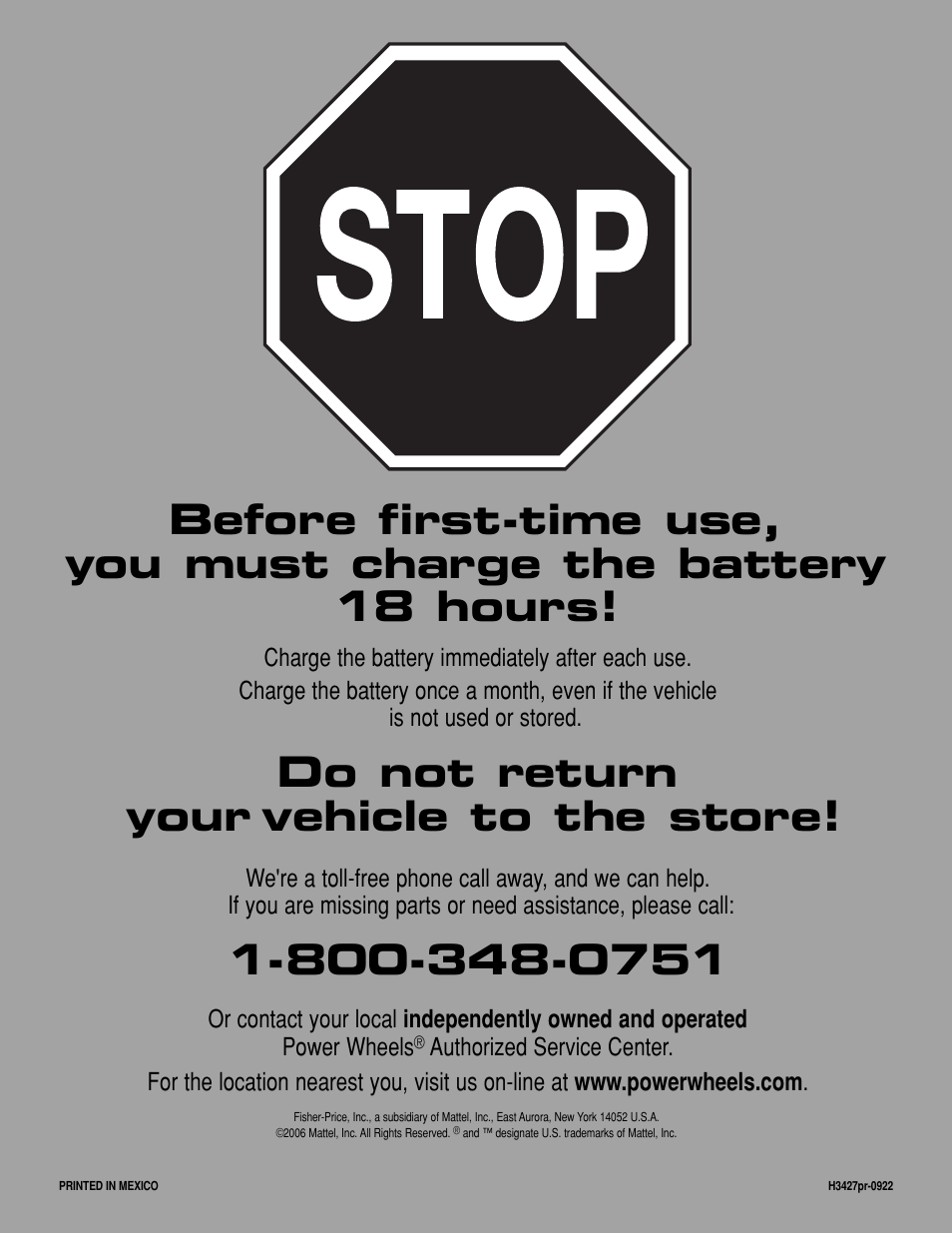 Do not return your vehicle to the store | Fisher-Price H3427 User Manual | Page 28 / 28