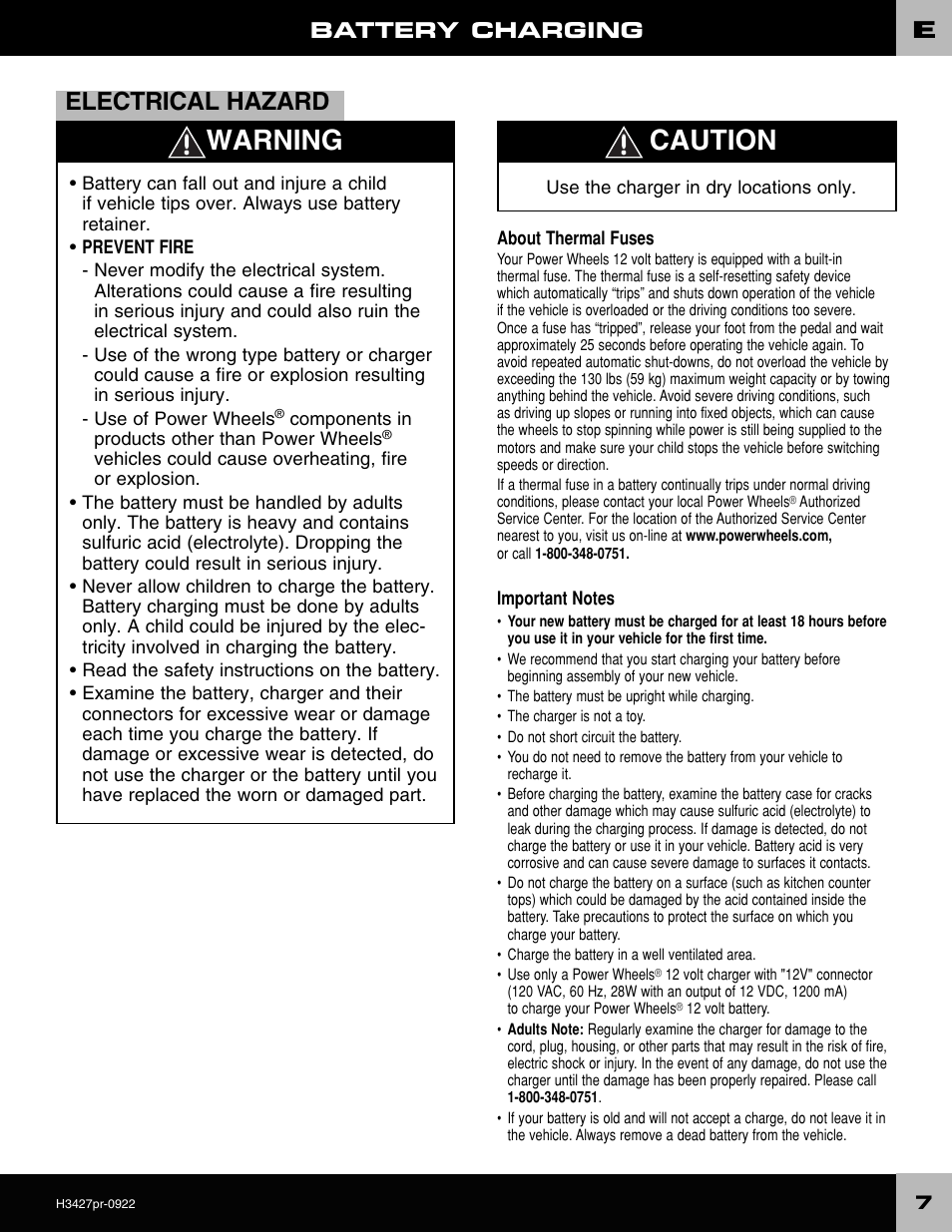 Warning caution, Electrical hazard, Battery charging | Fisher-Price H3427 User Manual | Page 7 / 28