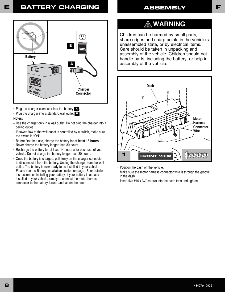 Warning, 1assembly battery charging | Fisher-Price H3427 User Manual | Page 8 / 28