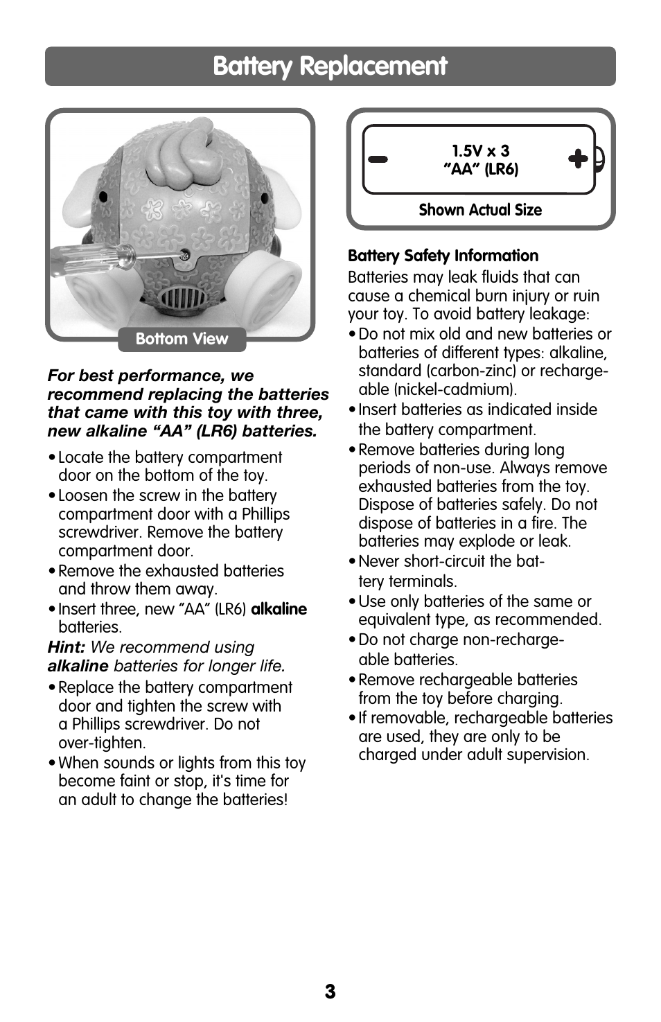 Battery replacement | Fisher-Price BOUNCE AND GIGGLE G8370 User Manual | Page 3 / 4