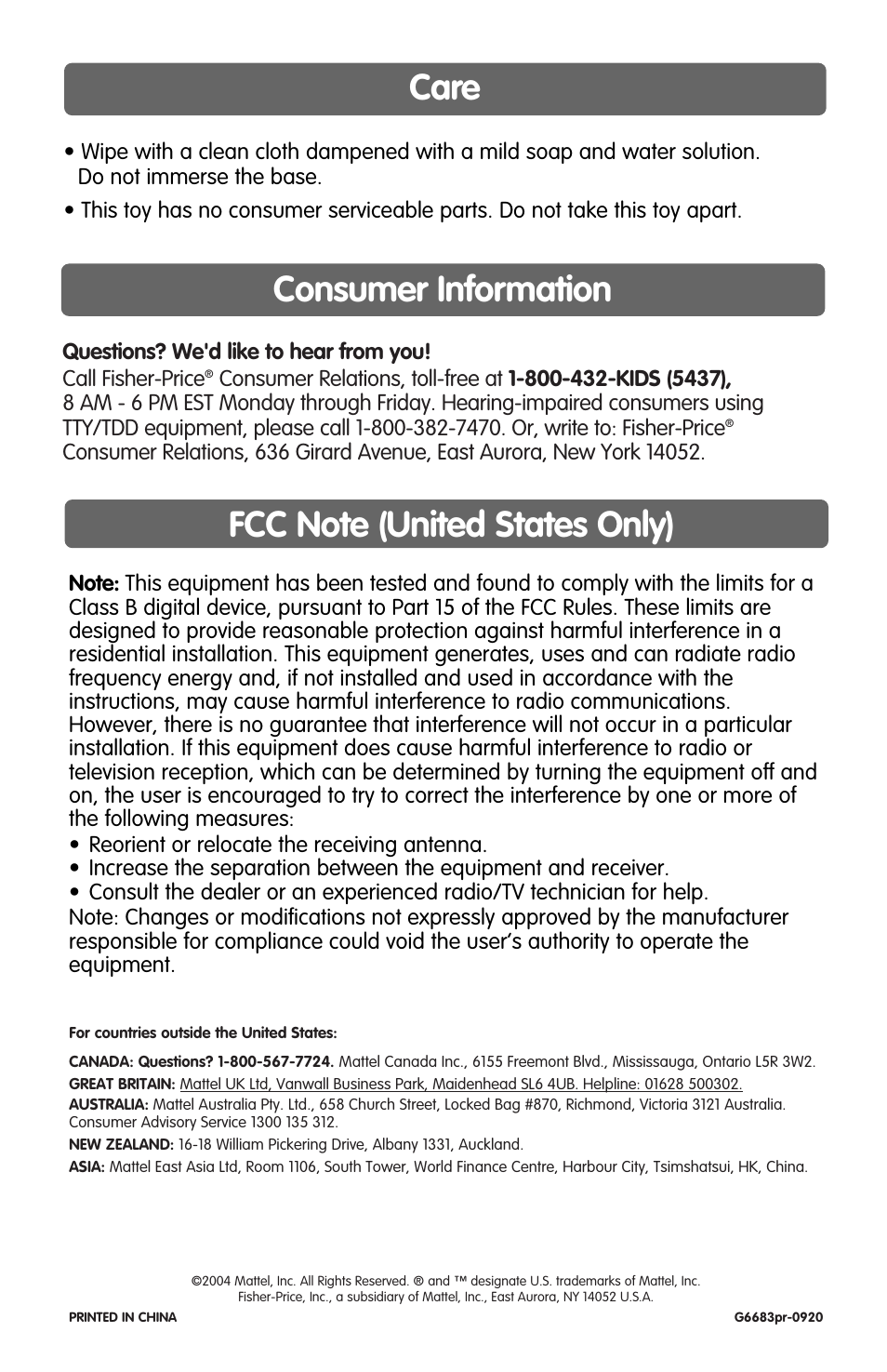Consumer information, Care | Fisher-Price BOUNCE AND GIGGLE G8370 User Manual | Page 4 / 4
