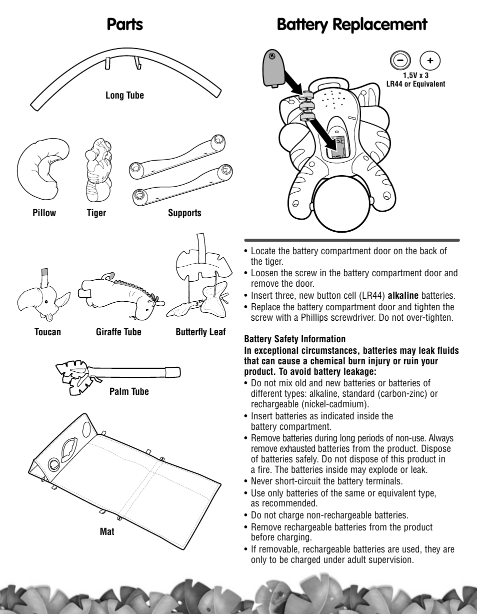 Parts battery replacement | Fisher-Price Rain Forest L1664 User Manual | Page 2 / 4