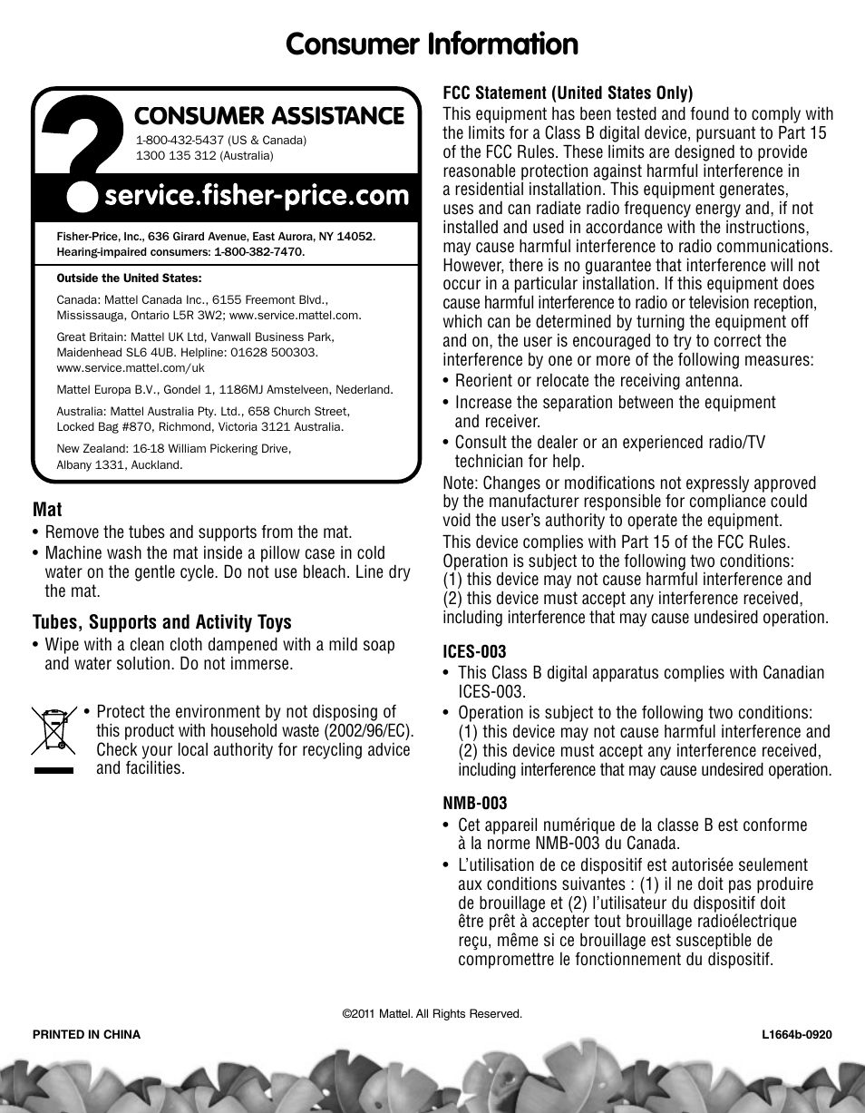 Consumer information, Consumer assistance | Fisher-Price Rain Forest L1664 User Manual | Page 4 / 4