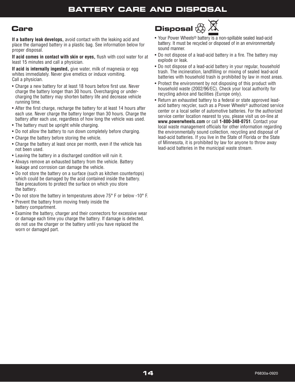 Battery care and disposal, Care disposal | Fisher-Price P5921 User Manual | Page 14 / 20