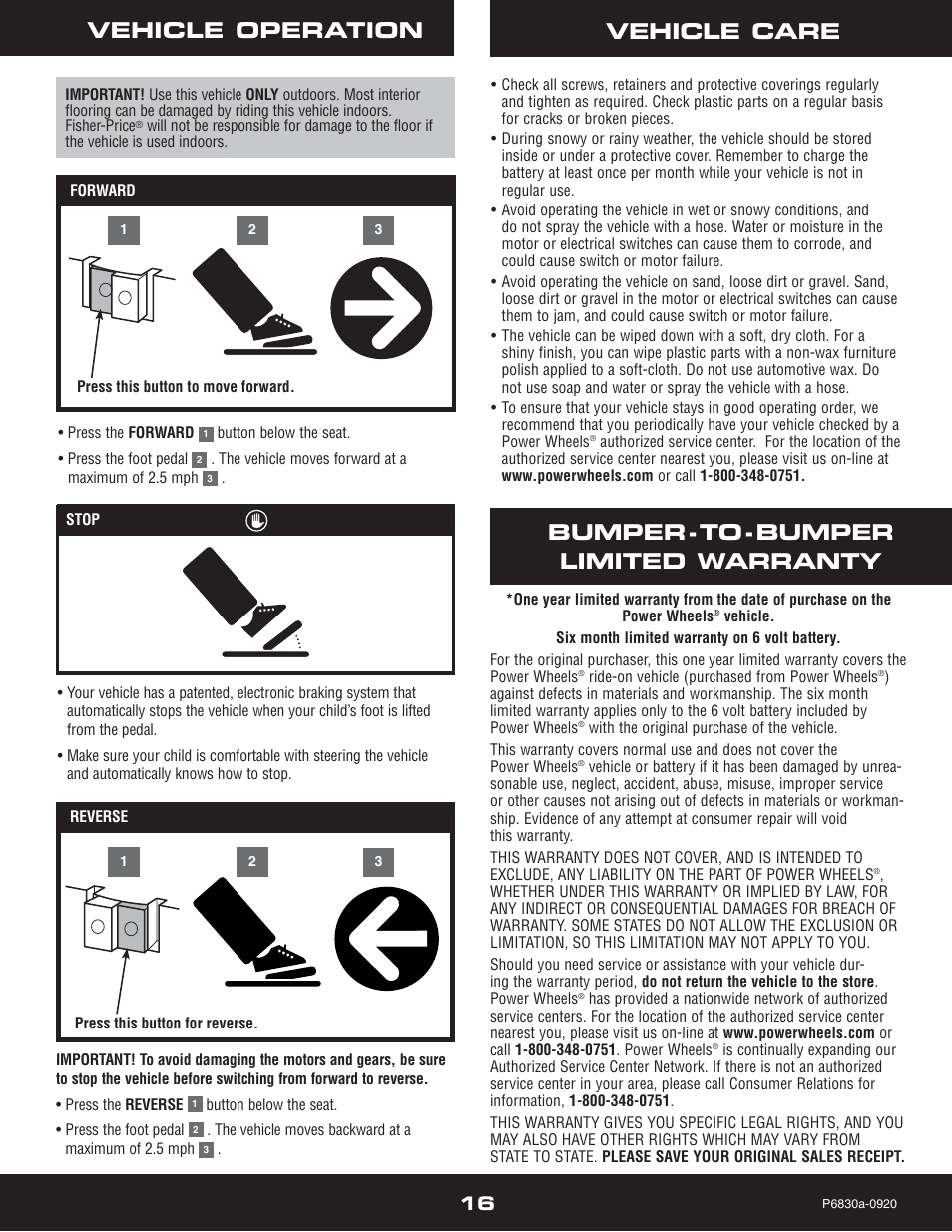 Vehicle operation, Vehicle care, Bumper-to-bumper limited warranty | Fisher-Price P5921 User Manual | Page 16 / 20