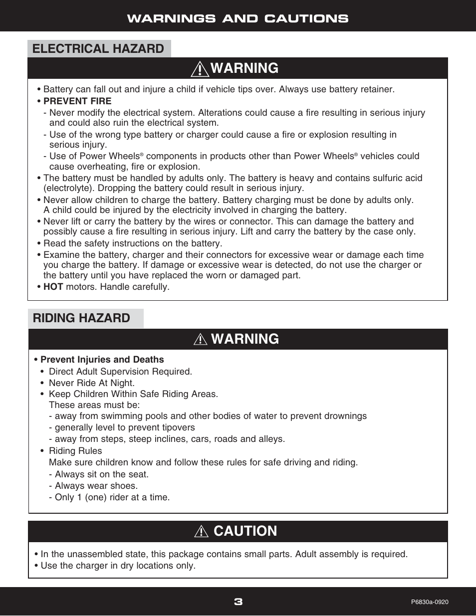 Warning, Warning caution, Electrical hazard riding hazard | Fisher-Price P5921 User Manual | Page 3 / 20