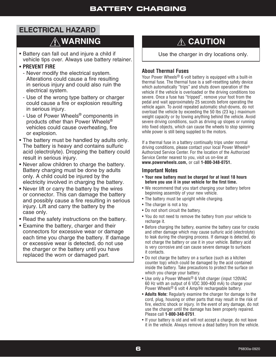 Warning, Caution, Electrical hazard | Battery charging | Fisher-Price P5921 User Manual | Page 6 / 20