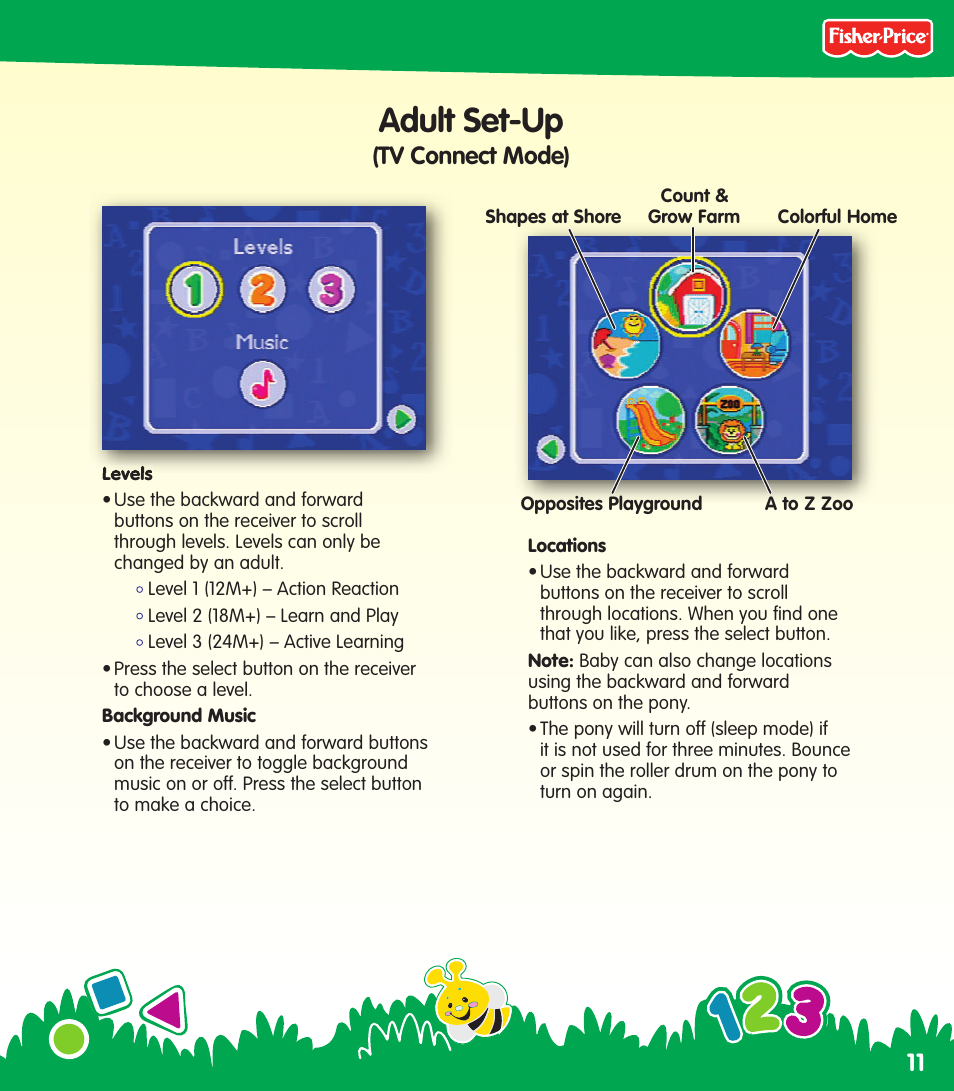 Adult set-up, Tv connect mode) | Fisher-Price N0446 User Manual | Page 11 / 20
