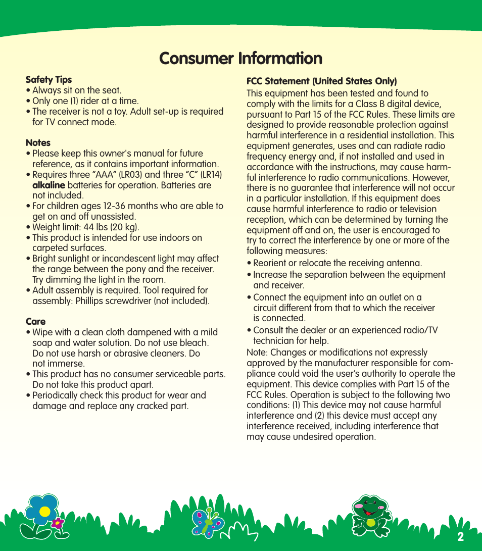 Consumer information | Fisher-Price N0446 User Manual | Page 2 / 20