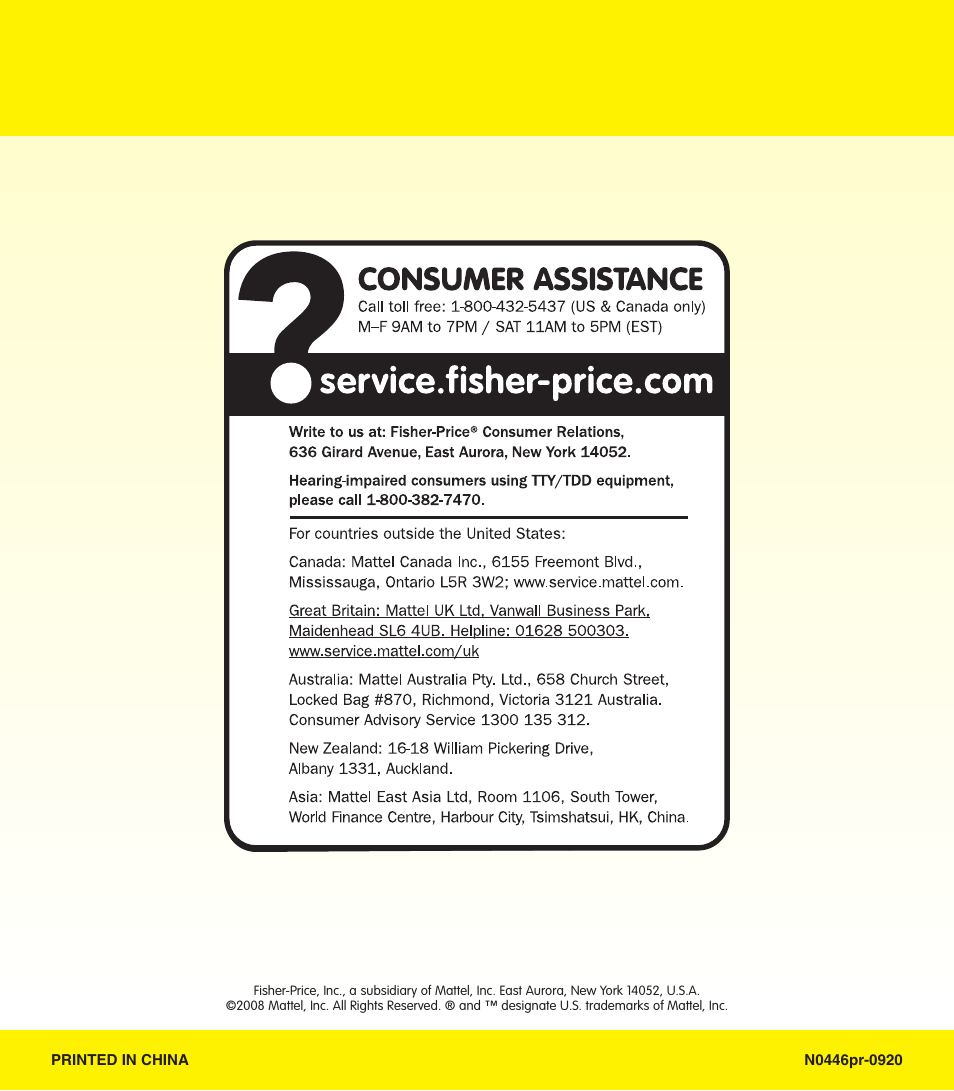 Fisher-Price N0446 User Manual | Page 20 / 20