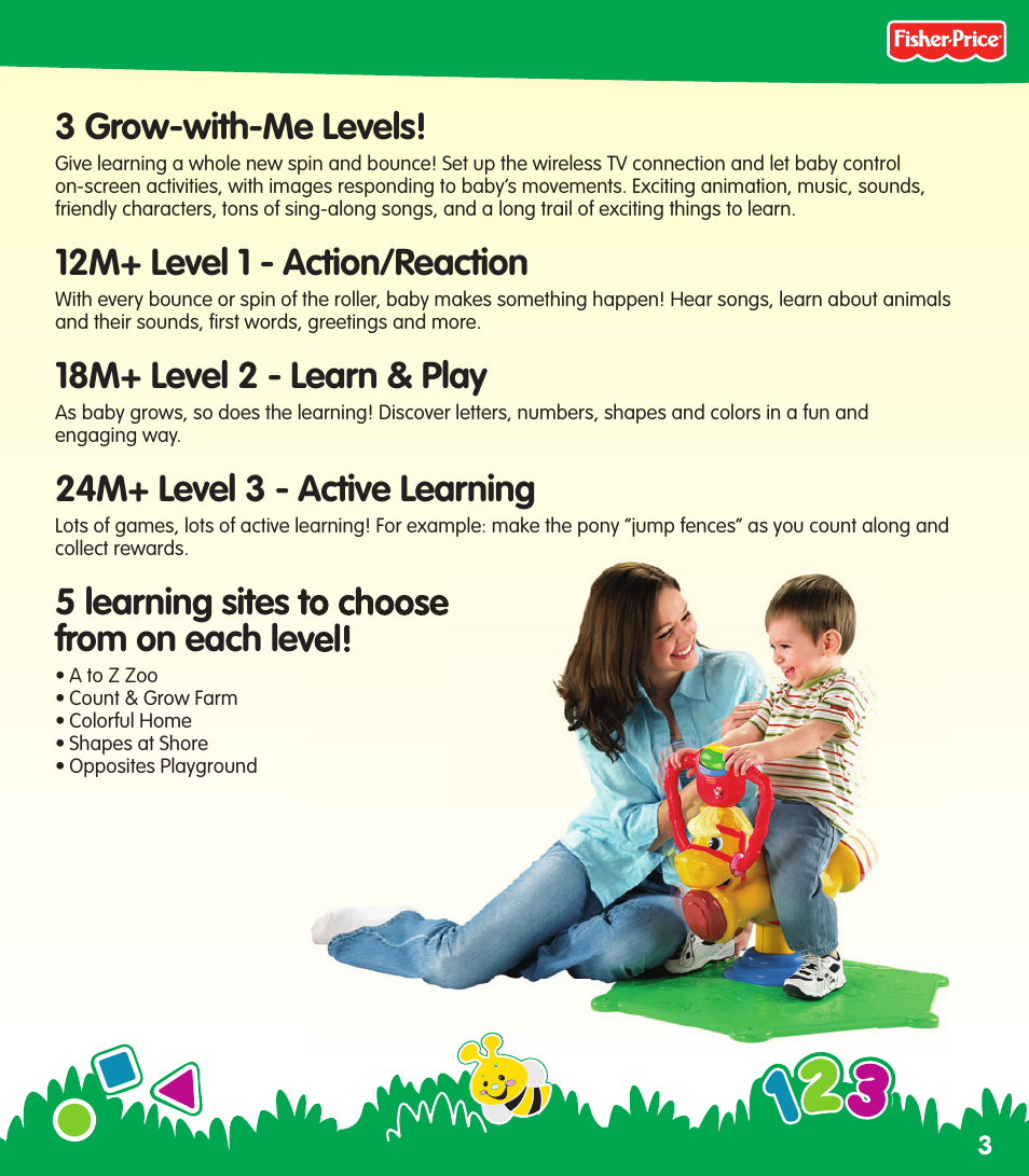 3 grow-with-me levels, 12m+ level 1 - action/reaction, 18m+ level 2 - learn & play | 24m+ level 3 - active learning, 5 learning sites to choose from on each level | Fisher-Price N0446 User Manual | Page 3 / 20