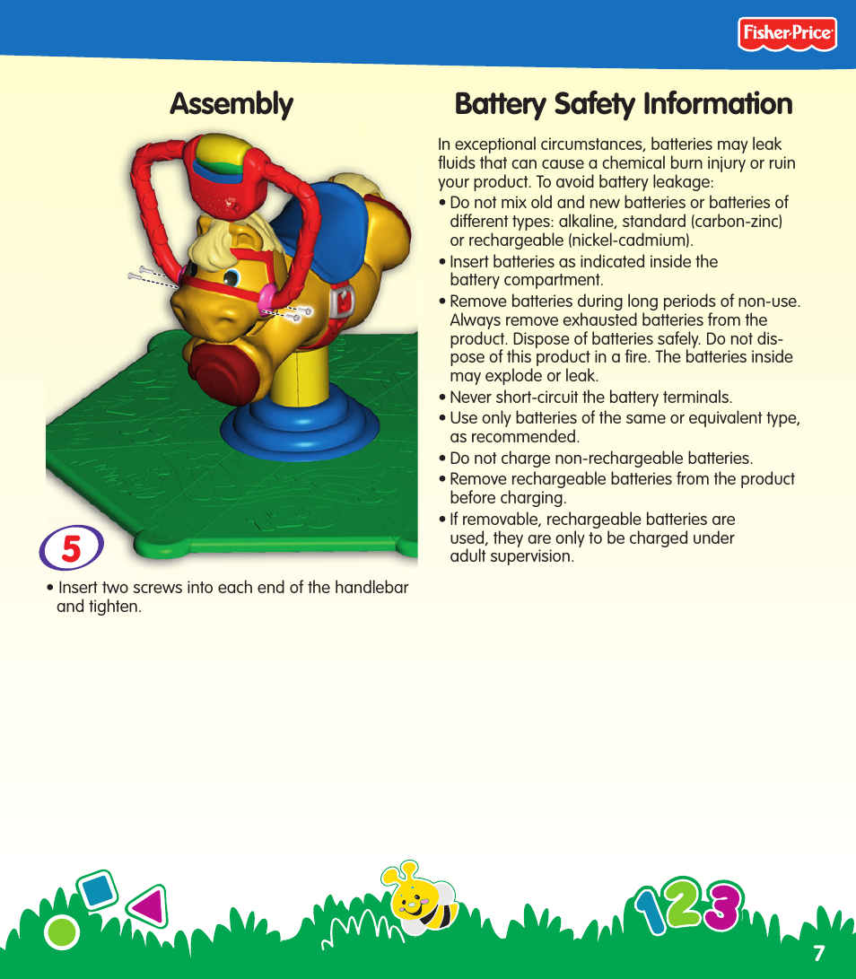 Battery safety information, Assembly | Fisher-Price N0446 User Manual | Page 7 / 20