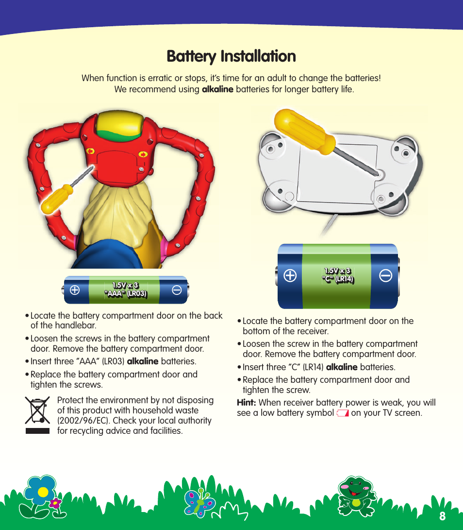 Battery installation | Fisher-Price N0446 User Manual | Page 8 / 20