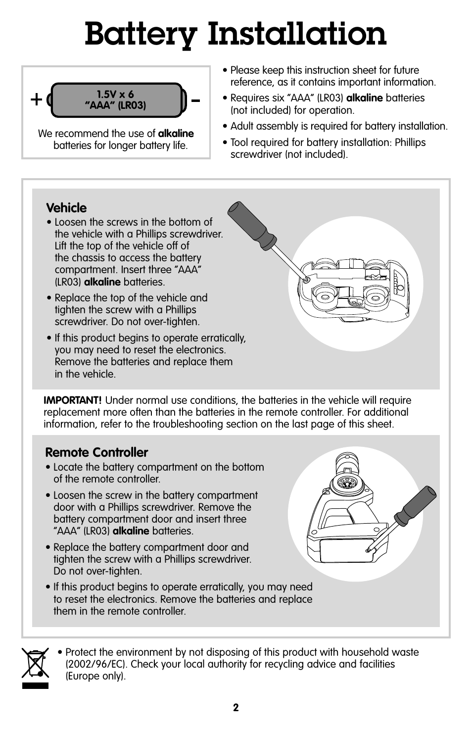 Battery installation | Fisher-Price GEOTRAX R2772 User Manual | Page 2 / 6