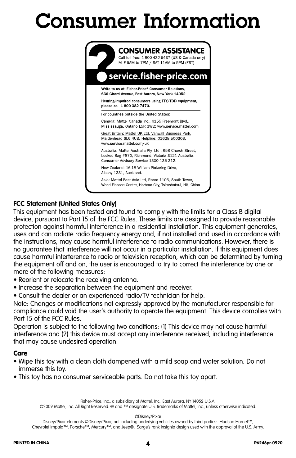 Consumer information | Fisher-Price GEOTRAX R2772 User Manual | Page 4 / 6