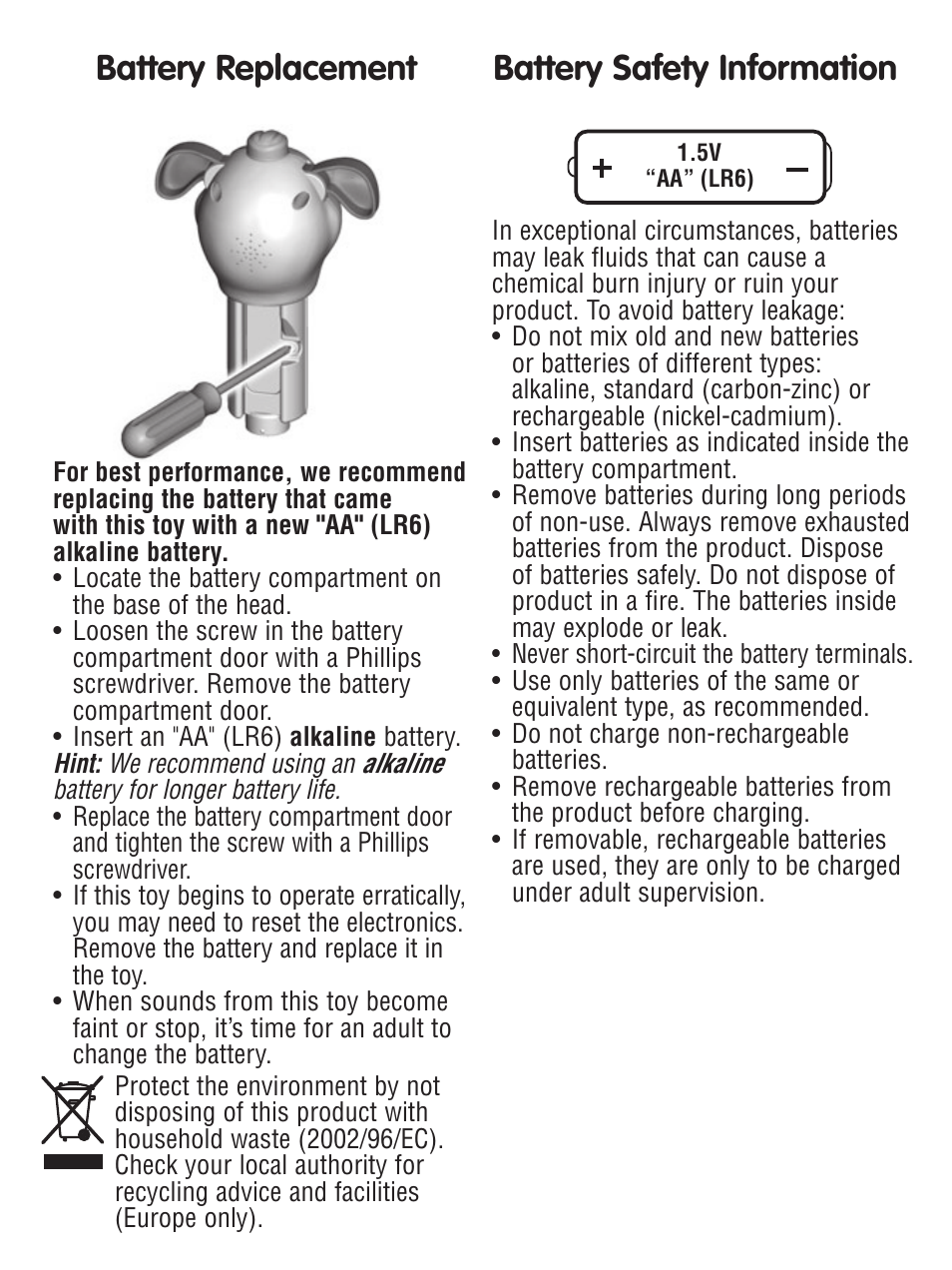 Battery replacement, Battery safety information | Fisher-Price N7045 User Manual | Page 2 / 4