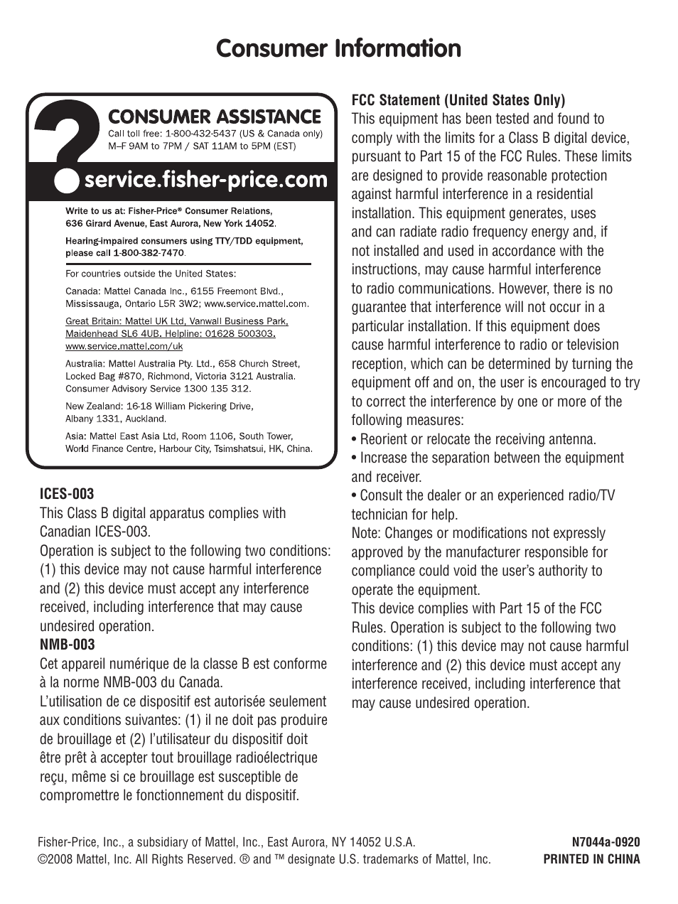 Consumer information | Fisher-Price N7045 User Manual | Page 4 / 4
