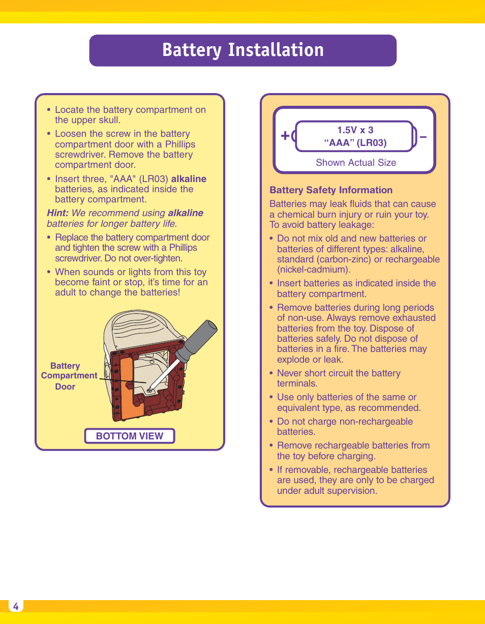 Battery installation | Fisher-Price H5341 User Manual | Page 4 / 12