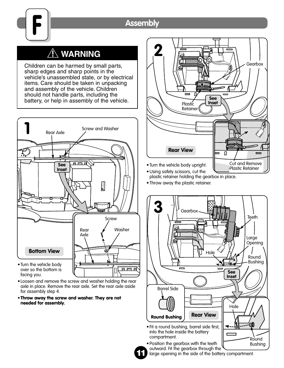 Assembly, Warning | Fisher-Price NEW BEETLE 73517 User Manual | Page 11 / 36