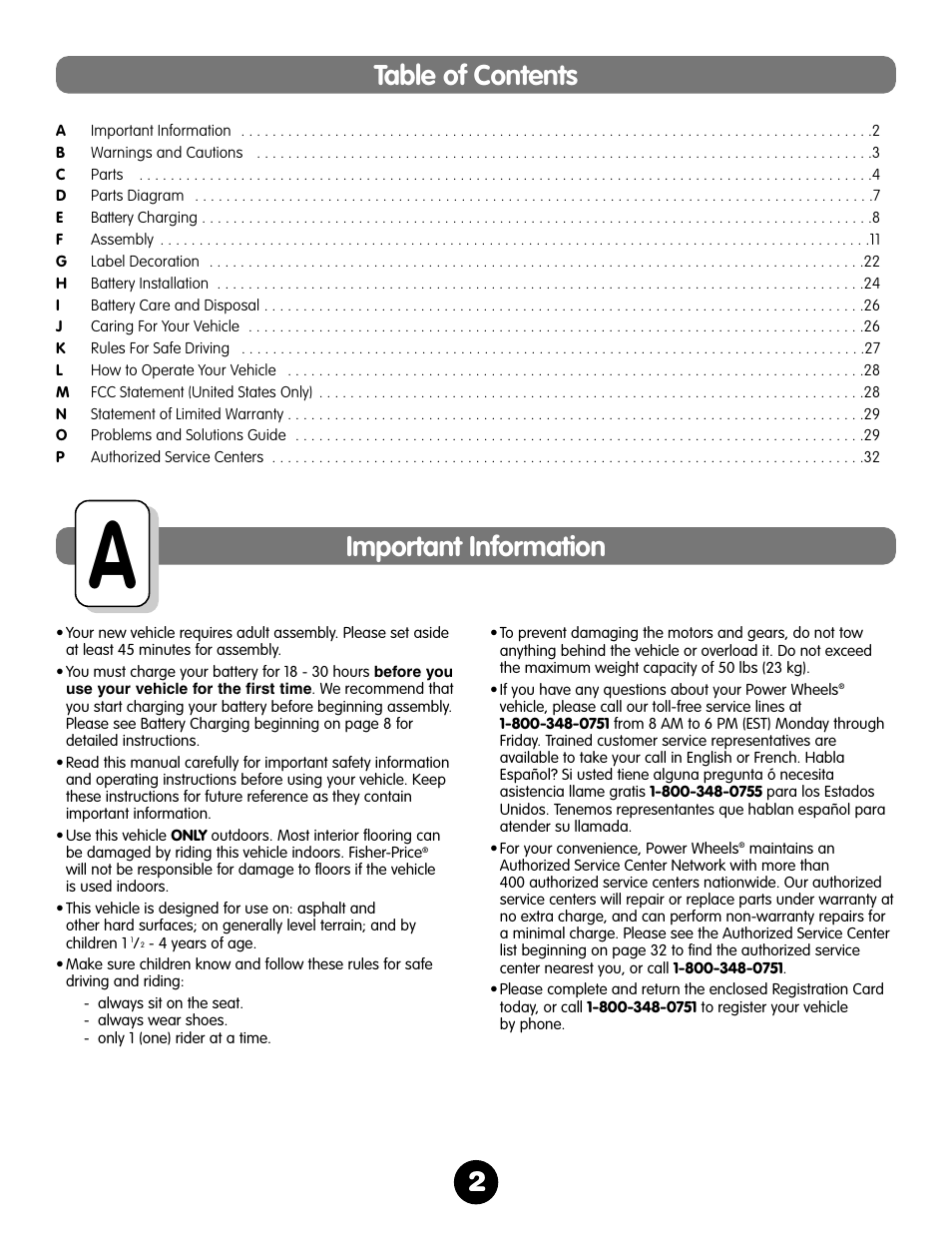 2table of contents important information | Fisher-Price NEW BEETLE 73517 User Manual | Page 2 / 36