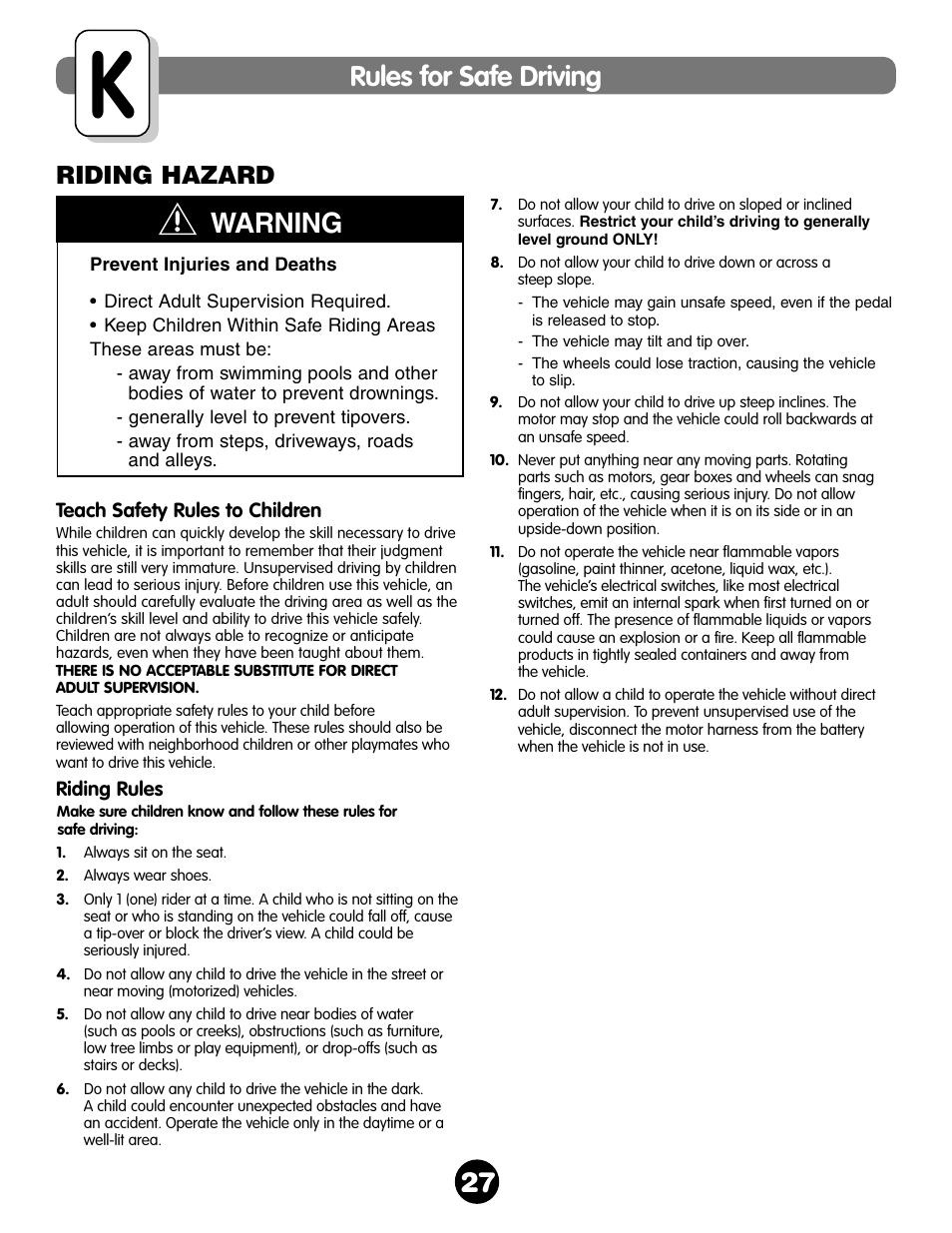 Warning, Rules for safe driving, Riding hazard | Fisher-Price NEW BEETLE 73517 User Manual | Page 27 / 36