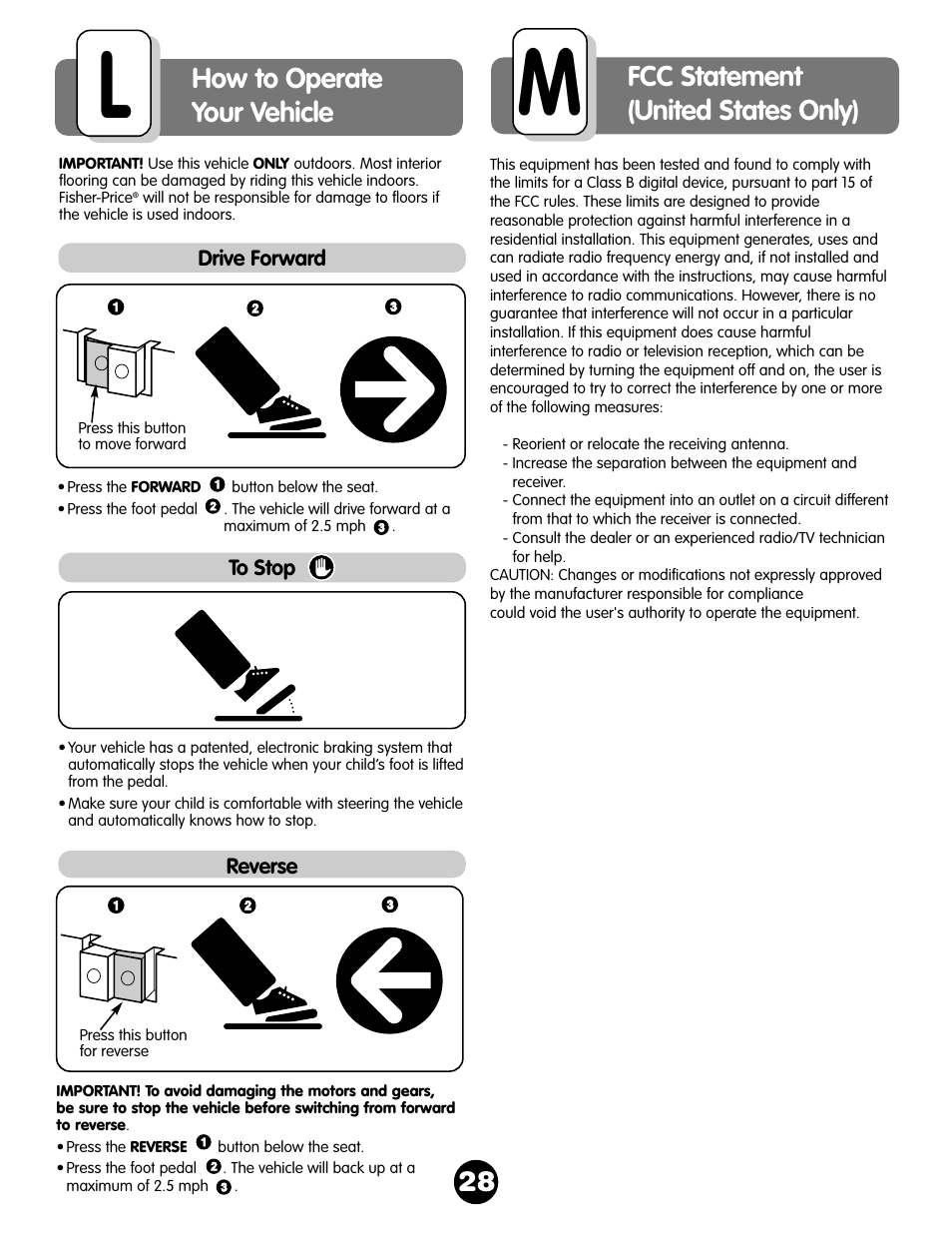 How to operate your vehicle, Fcc statement (united states only) | Fisher-Price NEW BEETLE 73517 User Manual | Page 28 / 36