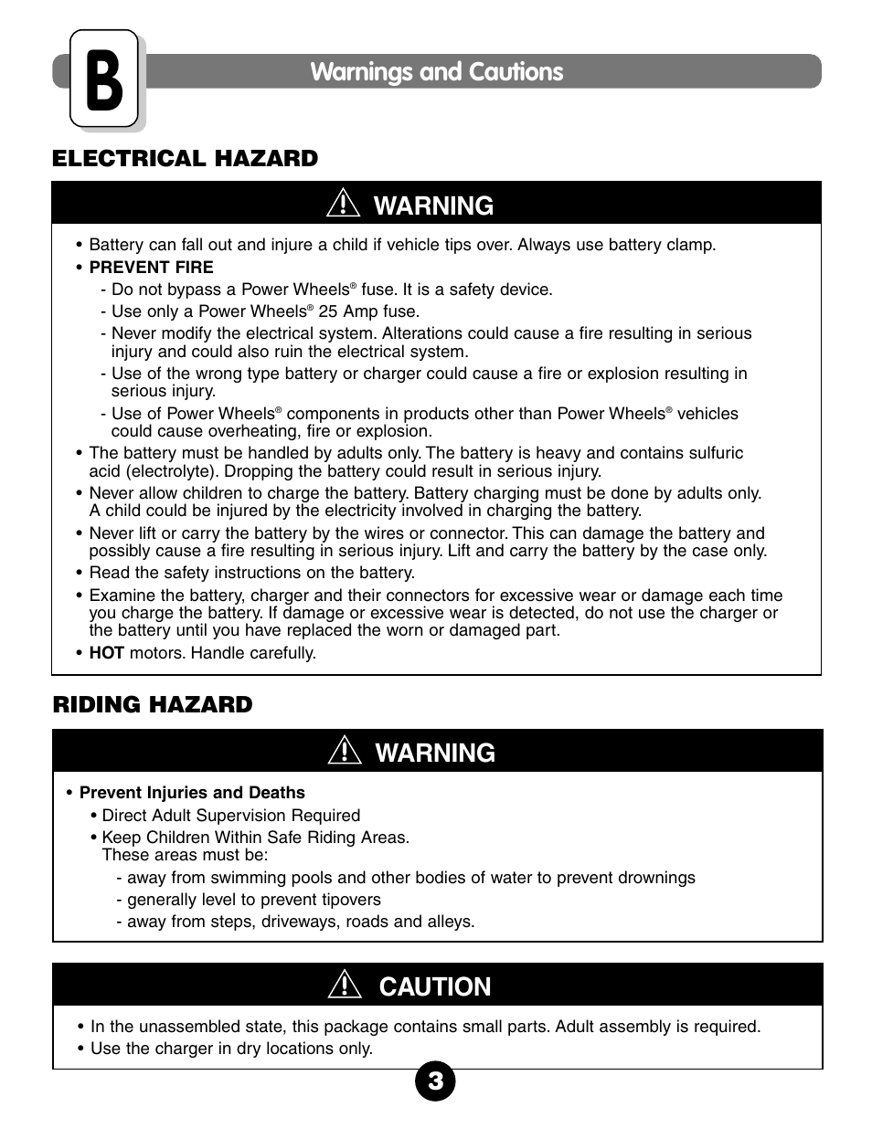 Caution, Warning, Warnings and cautions | Fisher-Price NEW BEETLE 73517 User Manual | Page 3 / 36