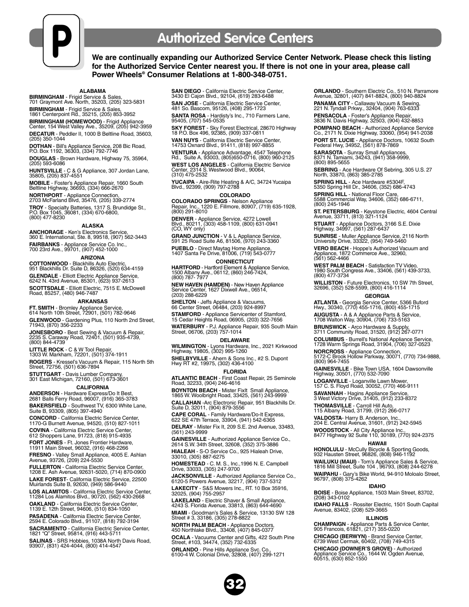 Authorized service centers | Fisher-Price NEW BEETLE 73517 User Manual | Page 32 / 36