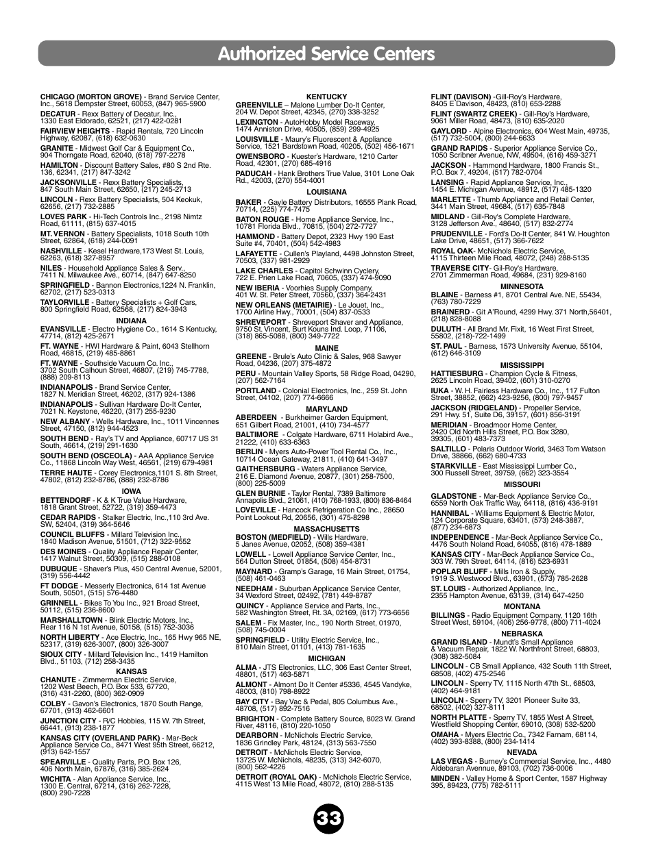 Authorized service centers 33 | Fisher-Price NEW BEETLE 73517 User Manual | Page 33 / 36