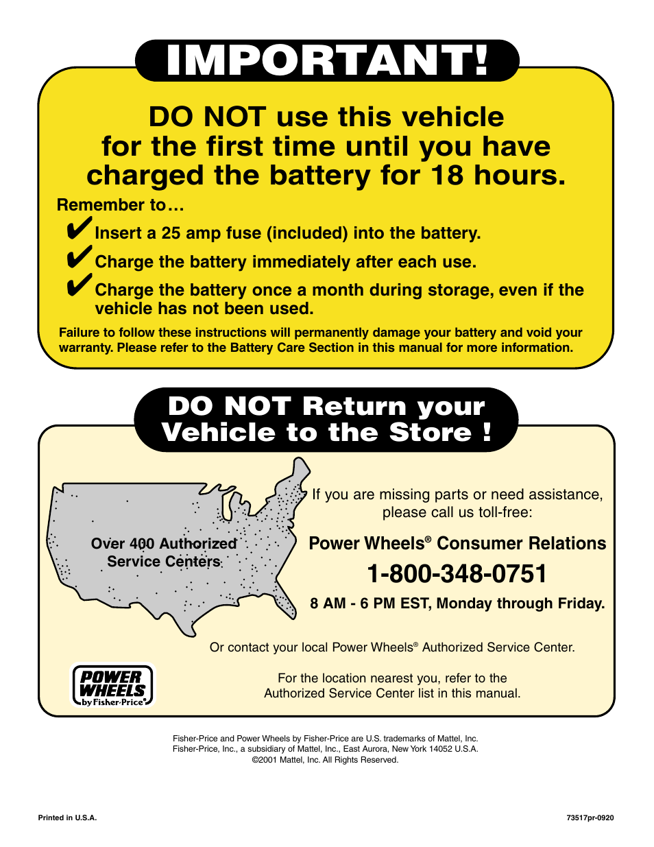 Important, Do not return your vehicle to the store | Fisher-Price NEW BEETLE 73517 User Manual | Page 36 / 36