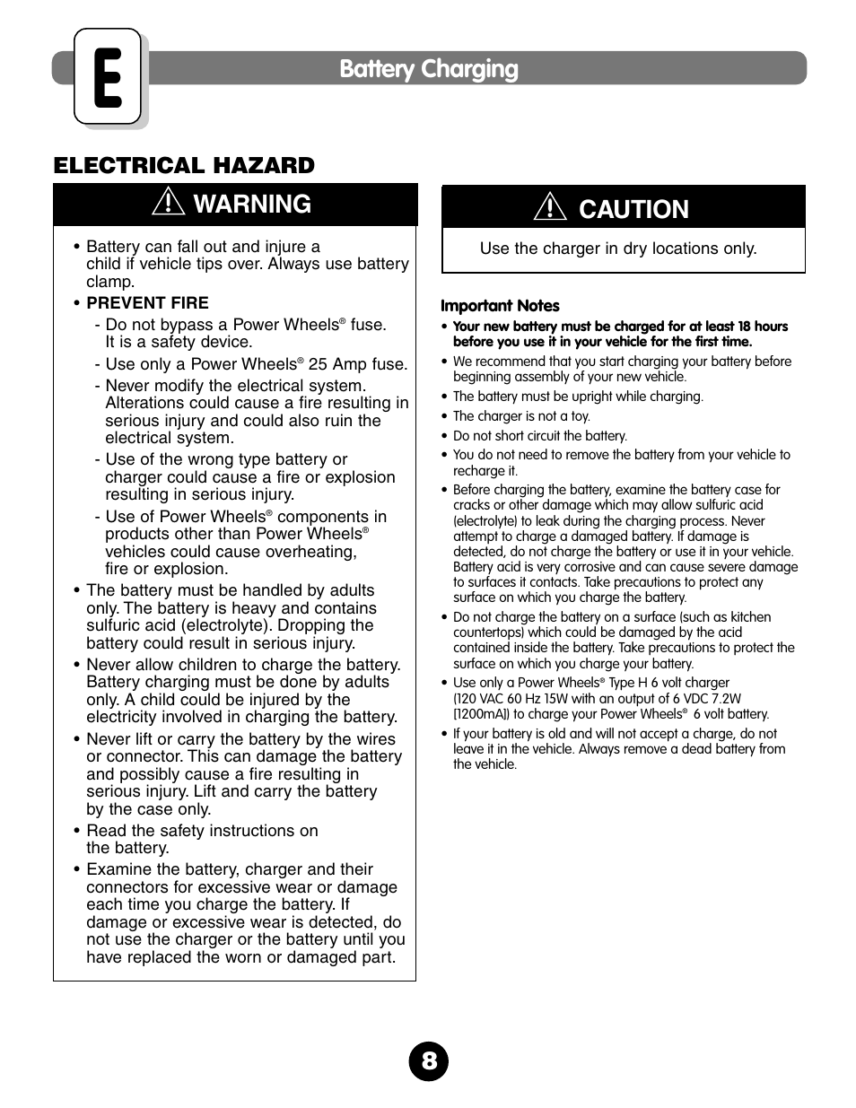 Battery charging, 8caution, Warning | Electrical hazard | Fisher-Price NEW BEETLE 73517 User Manual | Page 8 / 36