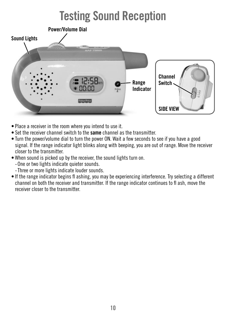 Testing sound reception | Fisher-Price T4839 User Manual | Page 10 / 16