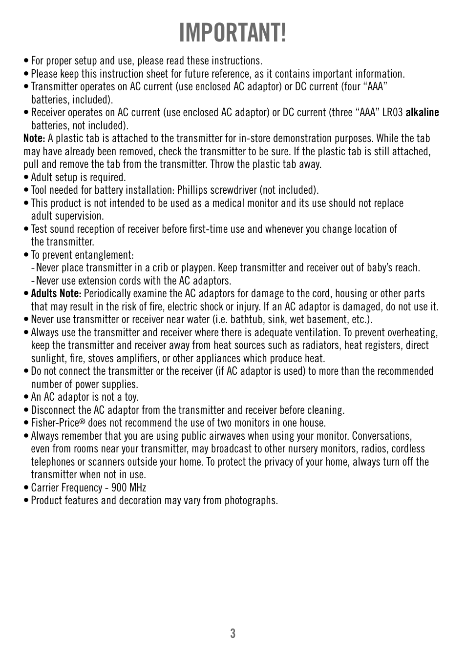 Important | Fisher-Price T4839 User Manual | Page 3 / 16