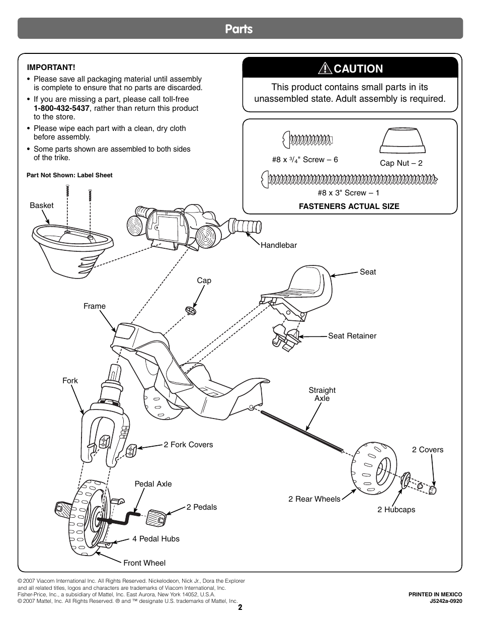 Parts, Caution | Fisher-Price NICK JR DORA THE EXPLORER J5242 User Manual | Page 2 / 8