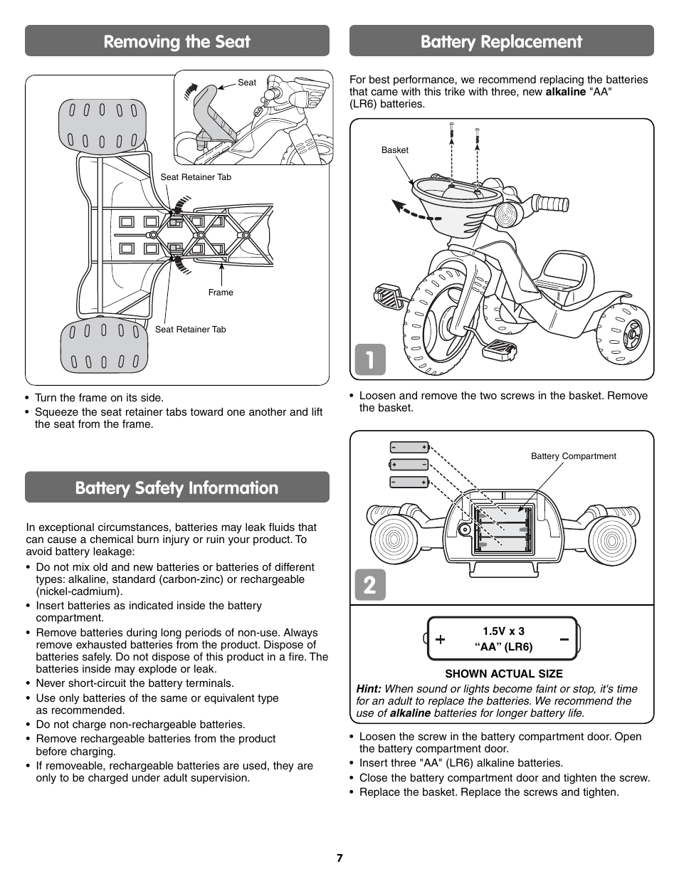 Battery replacement, Battery safety information, Removing the seat | Fisher-Price NICK JR DORA THE EXPLORER J5242 User Manual | Page 7 / 8