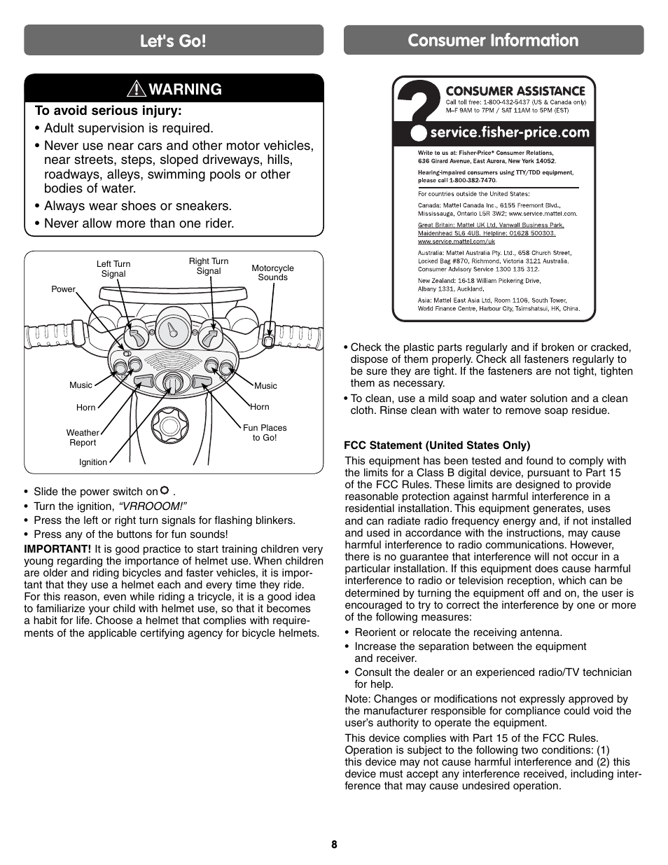 Let's go, Consumer information, Warning | Fisher-Price NICK JR DORA THE EXPLORER J5242 User Manual | Page 8 / 8