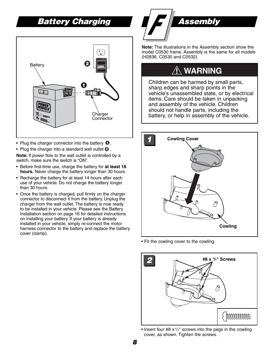 Battery charging assembly, Warning | Fisher-Price HOT WHEELS C0532 User Manual | Page 8 / 28