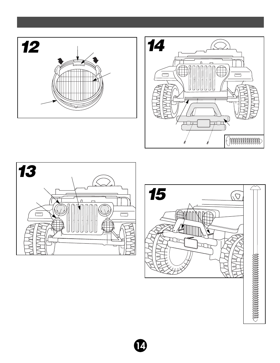 Assembly | Fisher-Price JEEP AFTERSHOCK 74270 User Manual | Page 14 / 36