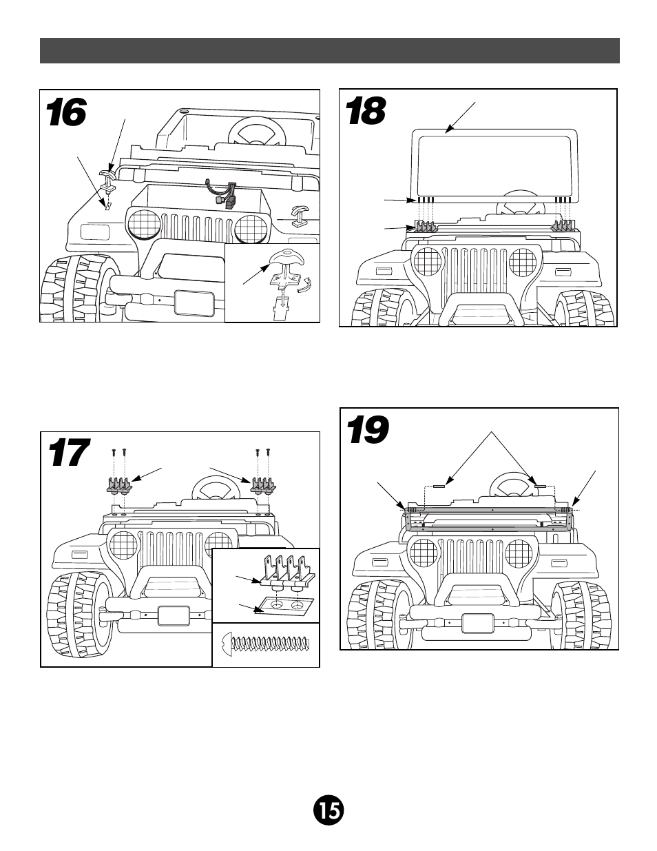 Assembly | Fisher-Price JEEP AFTERSHOCK 74270 User Manual | Page 15 / 36