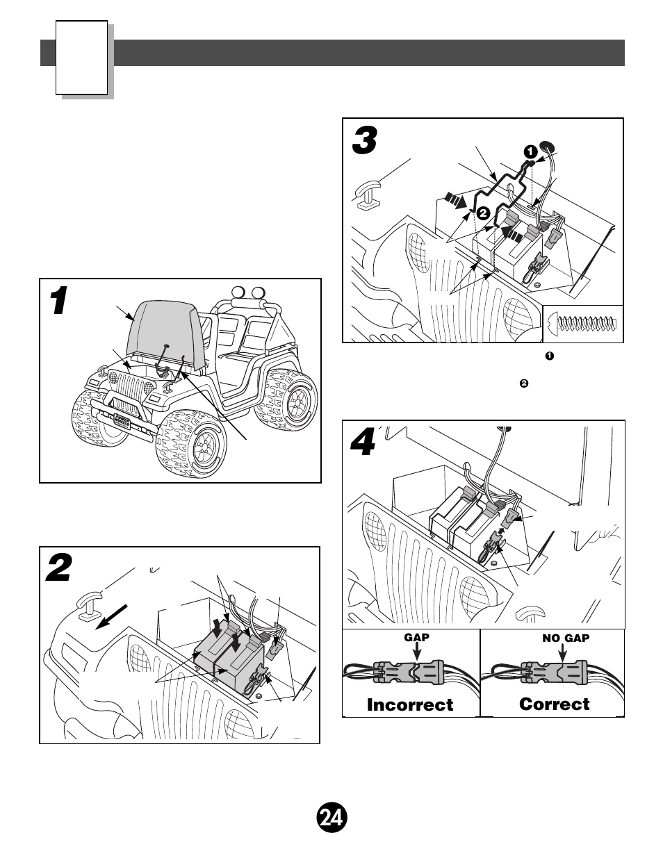 Battery installation, Incorrect correct | Fisher-Price JEEP AFTERSHOCK 74270 User Manual | Page 24 / 36