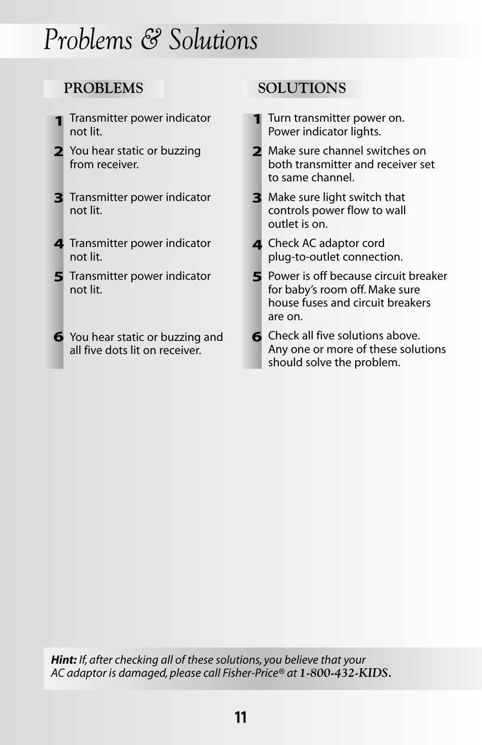 Problems & solutions | Fisher-Price 71599 User Manual | Page 11 / 16