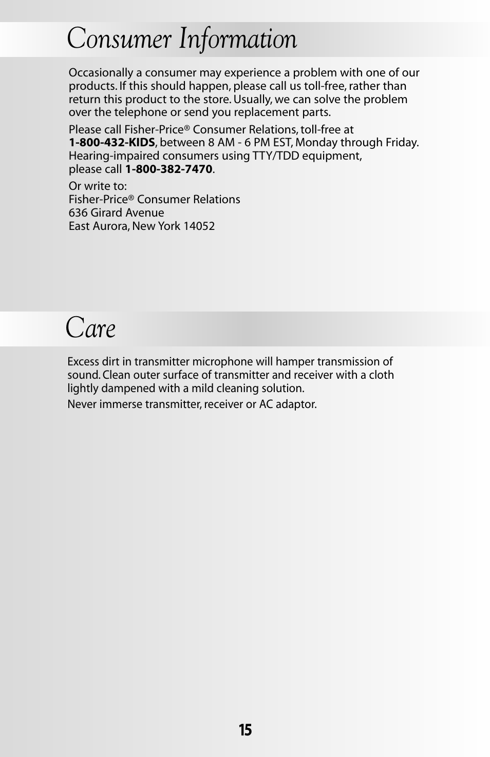 Consumer information care | Fisher-Price 71599 User Manual | Page 15 / 16