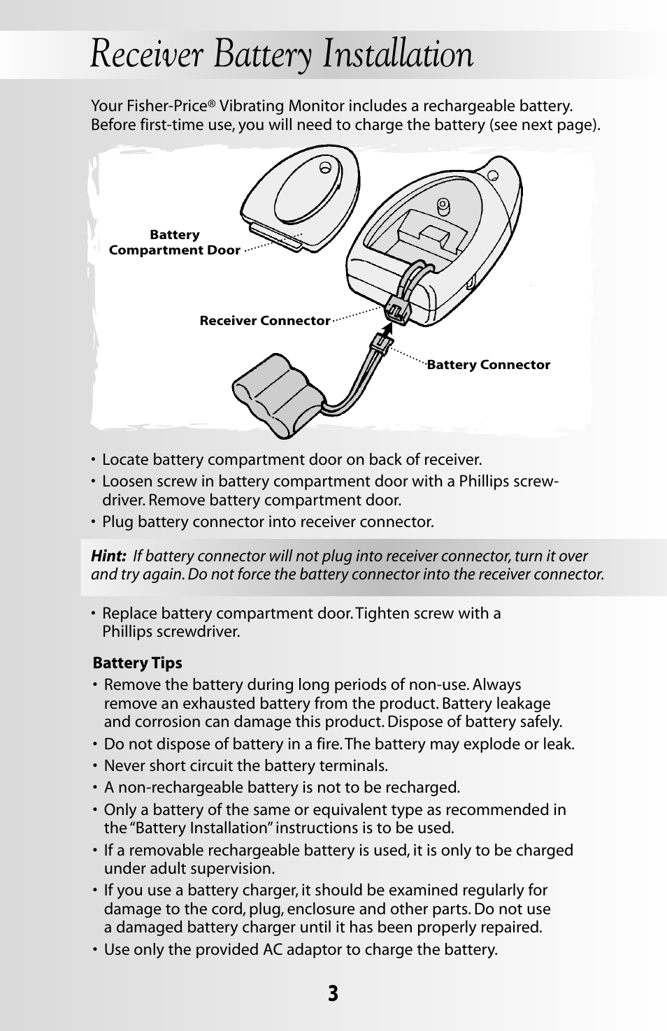 Receiver battery installation | Fisher-Price 71599 User Manual | Page 3 / 16