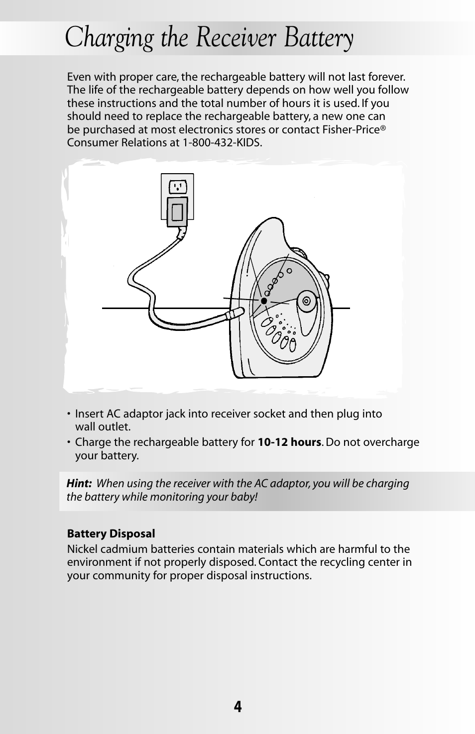 Charging the receiver battery | Fisher-Price 71599 User Manual | Page 4 / 16