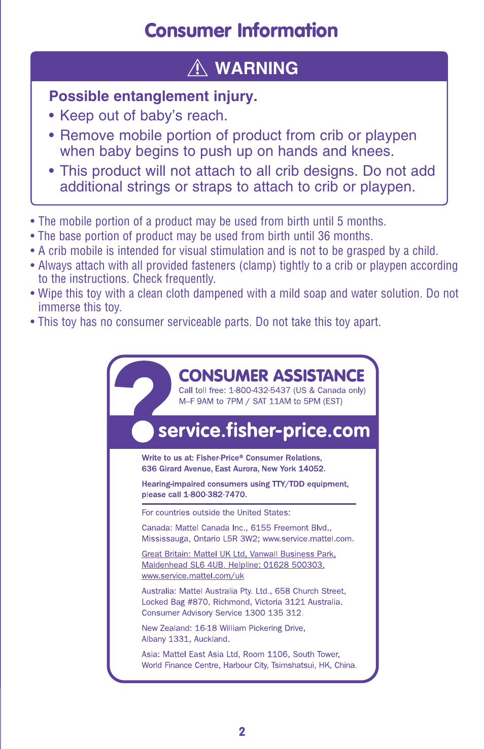 Consumer information, Warning | Fisher-Price L7334 User Manual | Page 2 / 12
