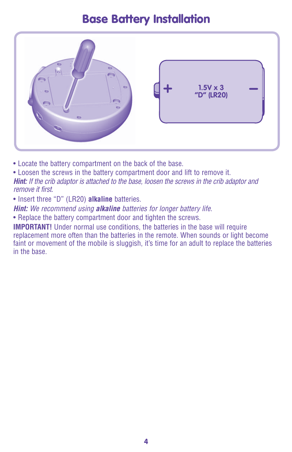 Base battery installation | Fisher-Price L7334 User Manual | Page 4 / 12